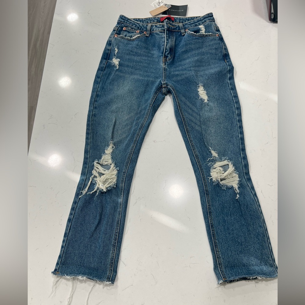 Signature8 Distressed Straight Leg Blue Jeans